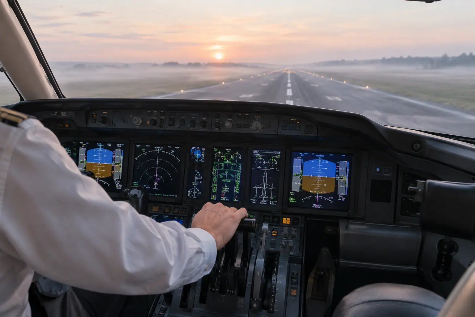 Business jet cockpit before departure
