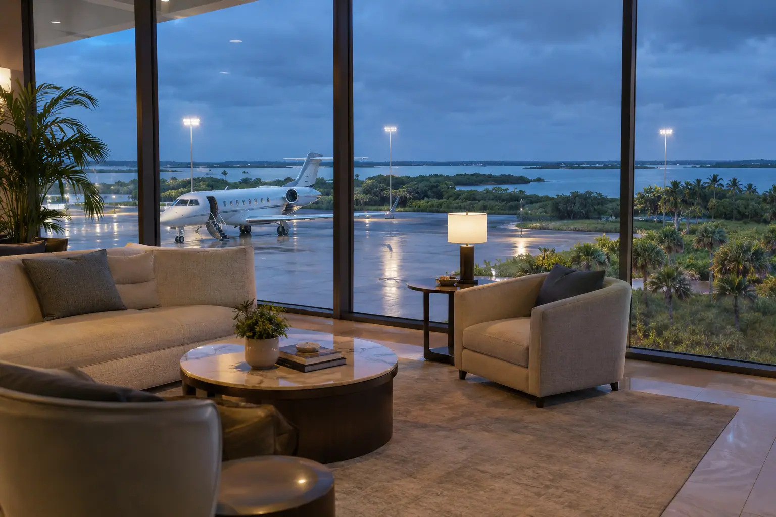 Private terminal lounge overlooking the ramp