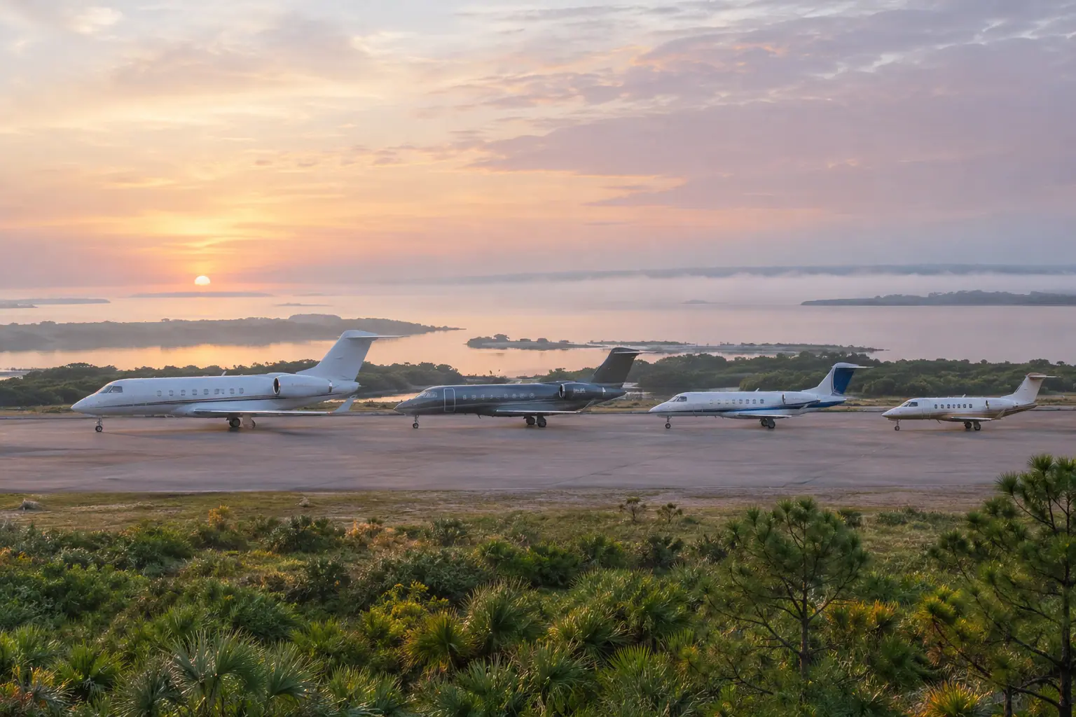 Business jets of different sizes on a ramp